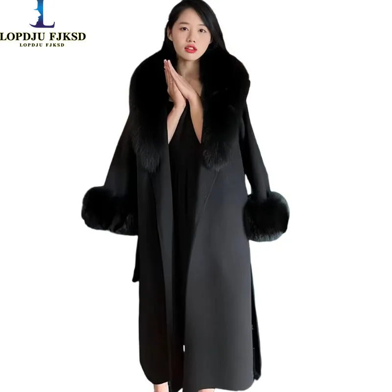 Women's Cashmere Jacket,Open Stitch Coat, Lace-up, Fur Collar Blends, Female Clothes,England Style Long Overcoat, Autumn Winter