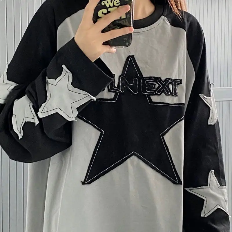 

Harajuku Vintage Star T-shirts Women Kpop Grunge Streetwear Letter Long Sleeve Tops American Retro Oversize Tees Female