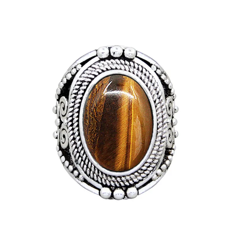 Oval Natural Tiger Eye Stone Rings For Women Vintage Flower Design Antique Silver Plated Fashion Jewelry