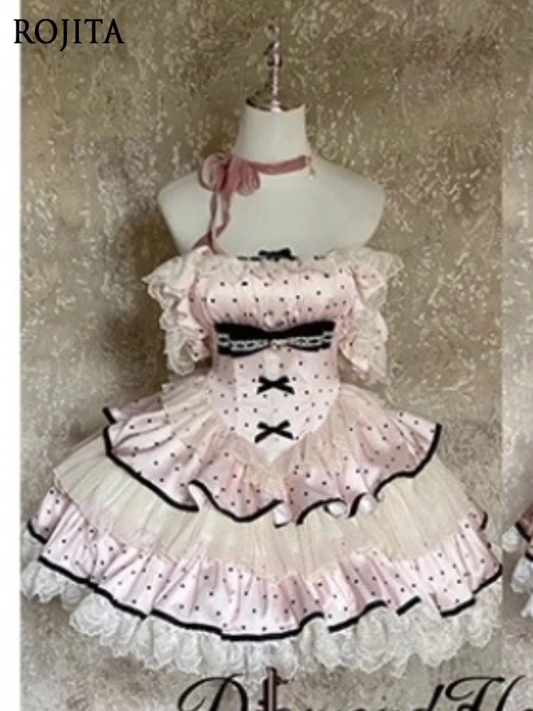 

Sweetheart Girl Polka Dot Japanese Style Slimming Commuting Princess Dress Lace Patchwork Flutter Sleeve High Waist Cake Dress