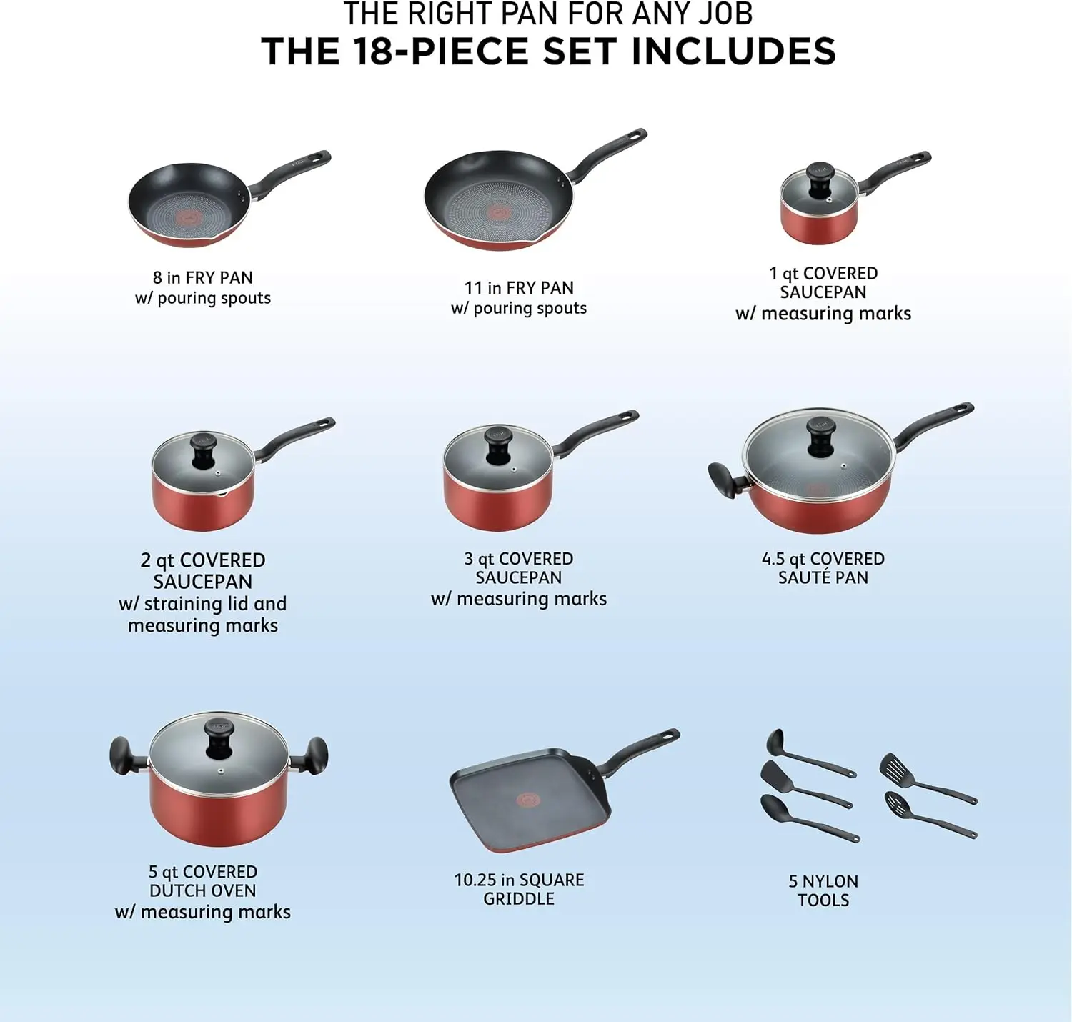 T-fal Initiatives Nonstick Cookware Set 18 Piece, Oven Broiler Safe 350F, Kitchen Cooking Set w/ Fry Pans, Saucepans, Saute Pan,