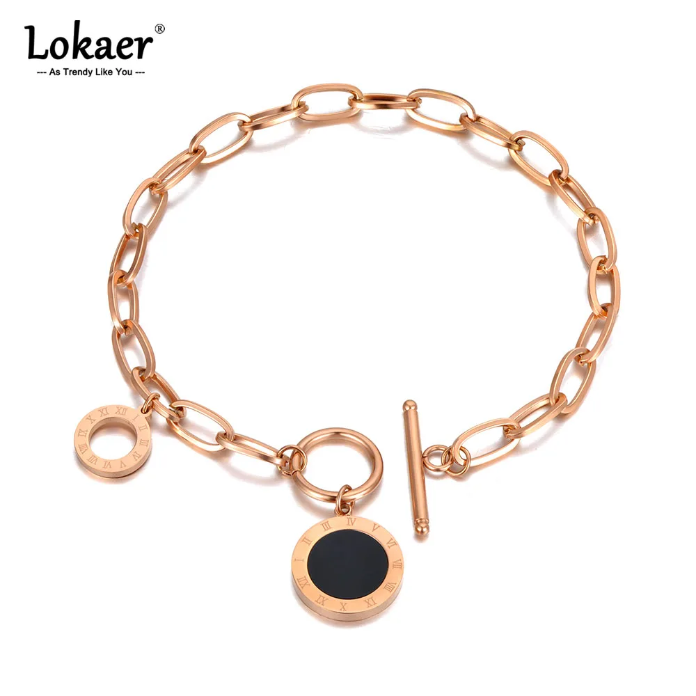 Lokaer 316L Stainless Steel Black Acrylic Chain & Link Bracelets For Women Vintage Roman Numerals Charm Bracelet браслет B21046
