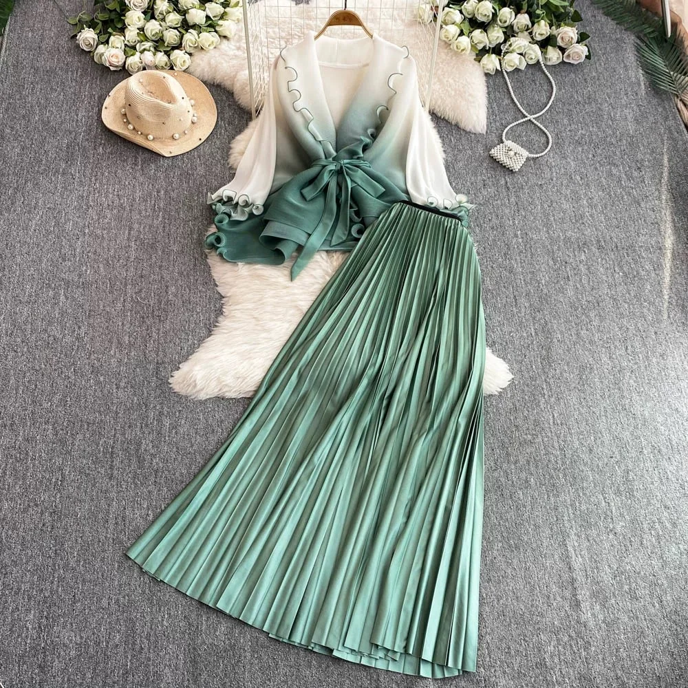 Pleated Skirt Suit Women Gradient Coat Long Skirts 2 Piece Sets Lace Up Top A Line Ensemble Spring 2026 Office Lady Outfits