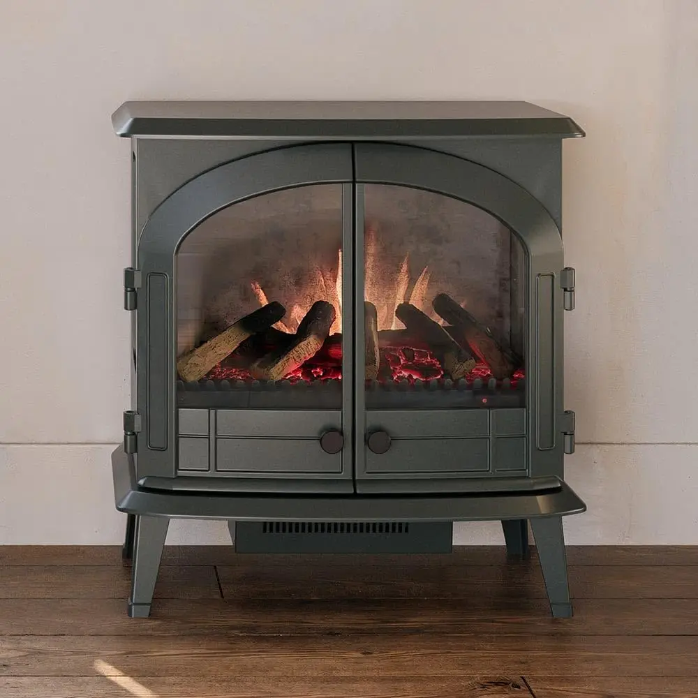 Freestanding Electric Fireplace Stove Heater in Hunter Green with Multi-Color Ember Bed | Smart Technology | Alexa & Google