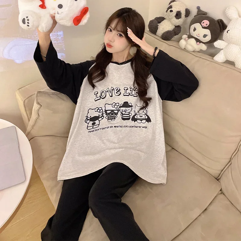 Carton HelloKitty Pajamas Crew Neck Cotton Long Sleeve Pants Casual Two-piece Set Women's Pajamas Homewear Silk Pajamas  Women's