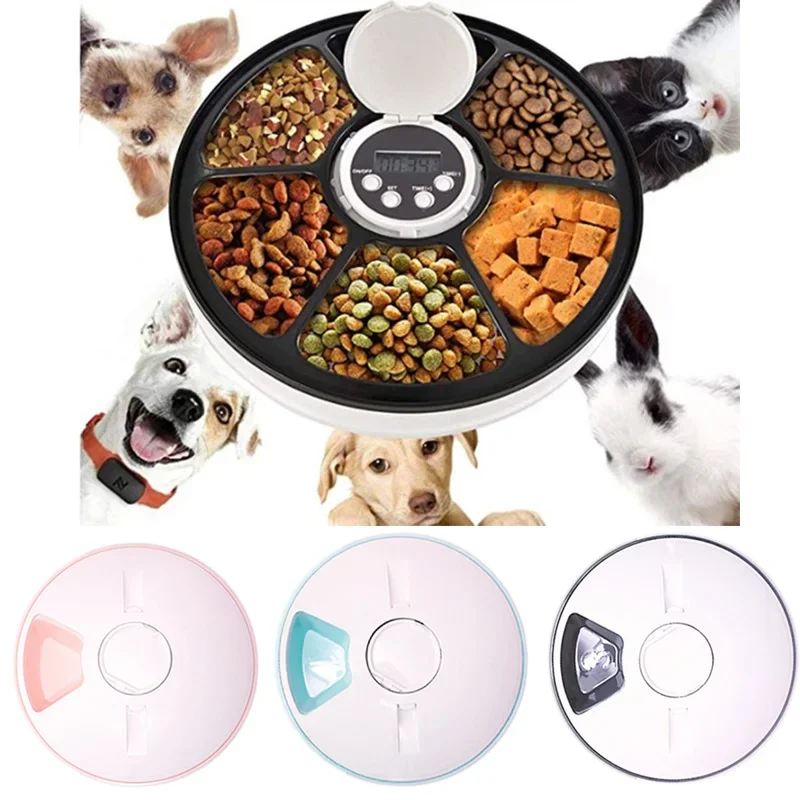 Pet Automatic Feeder Portion Control Digital Timer Detachable Dogs Cats Anti Slip 6 Meal Trays with Voice Recorder Dry Wet Food