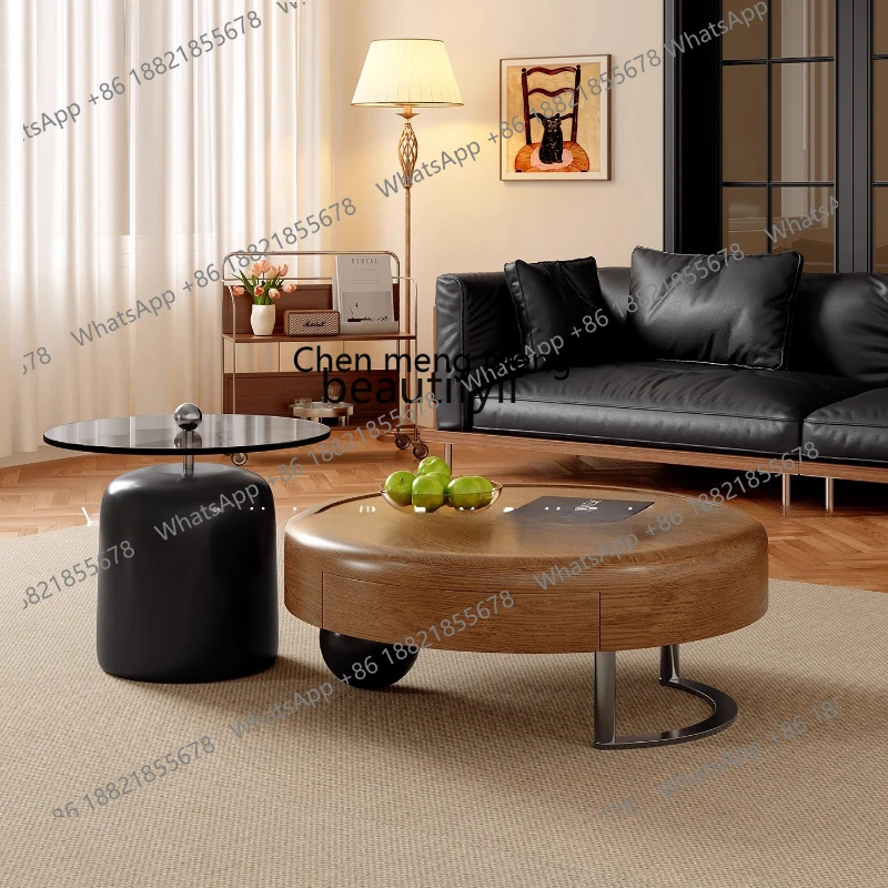 

Medieval walnut round coffee table living room household light luxury size round coffee table combination