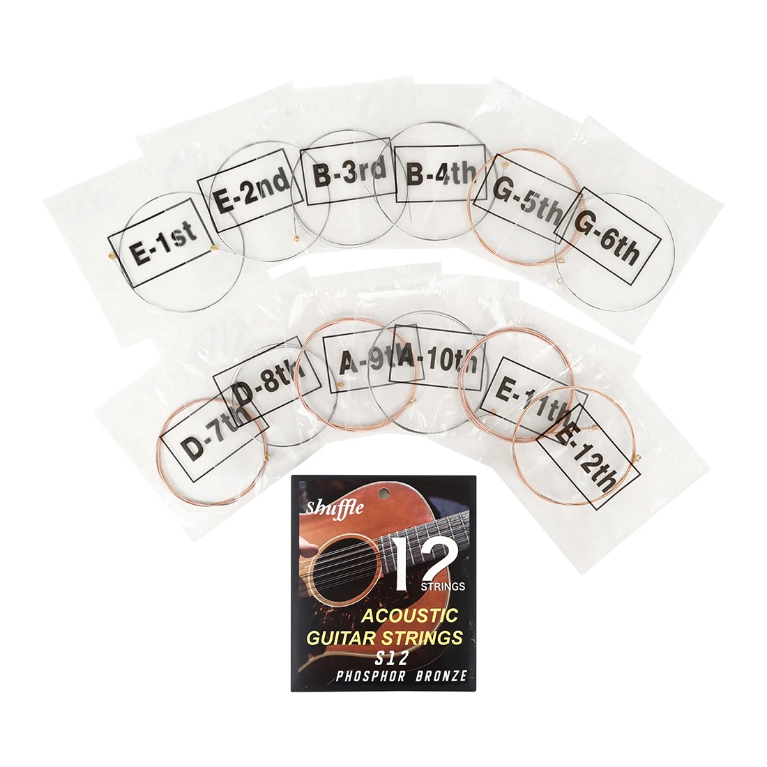 Shuffle S12 12-String Acoustic Guitar Strings in Phosphor Bronze with PU Coating Individual Packaging Folk Guitar Accessories