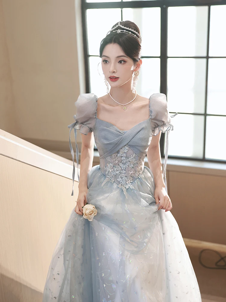 Glitter Blue Evening Dress Exquisite Applique Fluffy Sleeve Princess Gown Shiny Butterfly Print Tulle A-Line Banquet Vestido