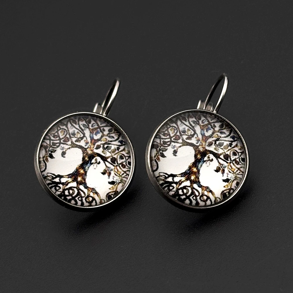 Tree of Life Glass Cabochon Lever Back Hooks Earring for Women Men Gold Silver Color Stainless Steel Dangle Earrings Jewelry