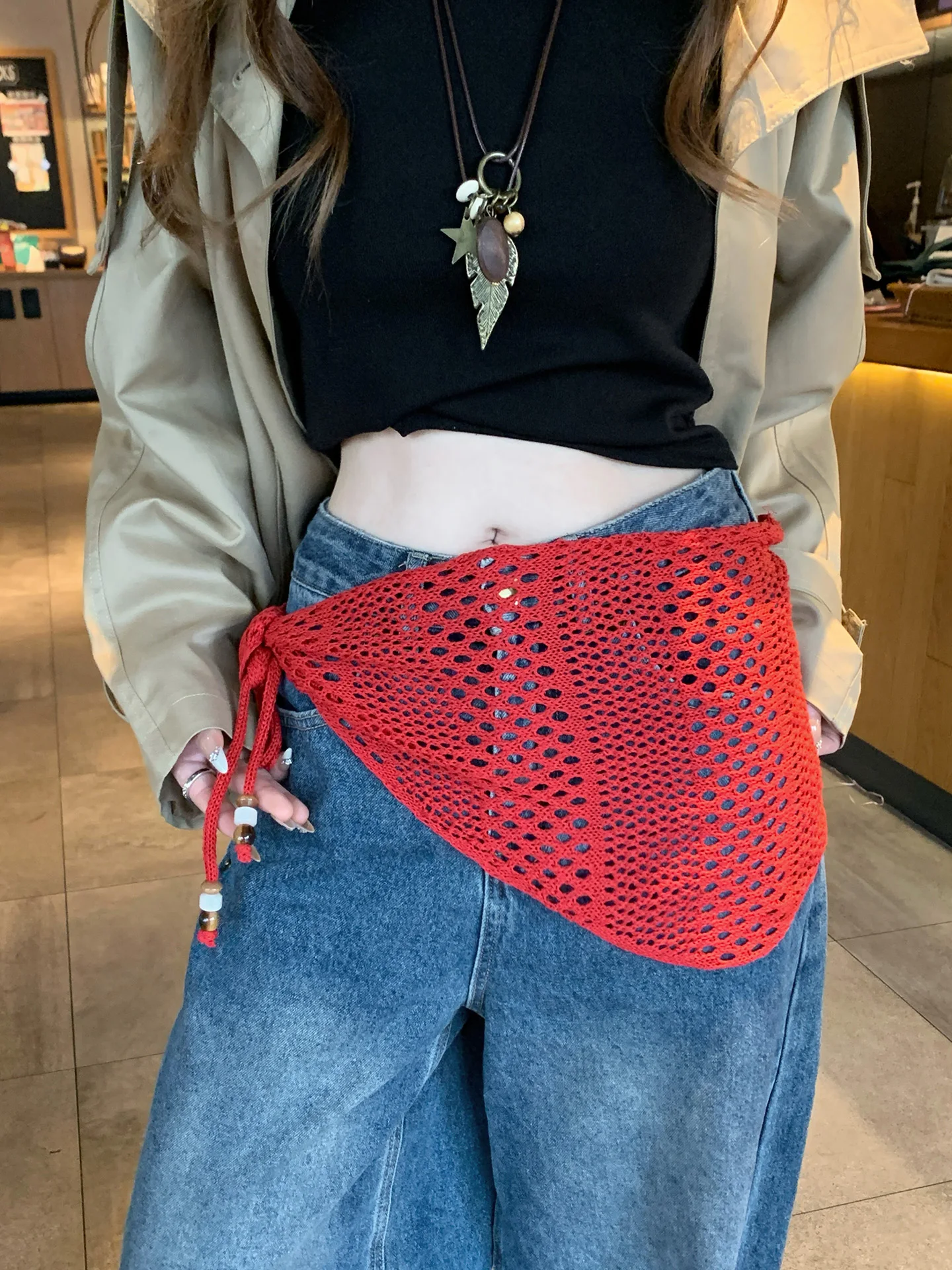 Korean Style Red Hollow Knitted  Scarf Skirt Curtain Women's Fashionable Layered Wear Half Skirt Versatile Skirt Curtain