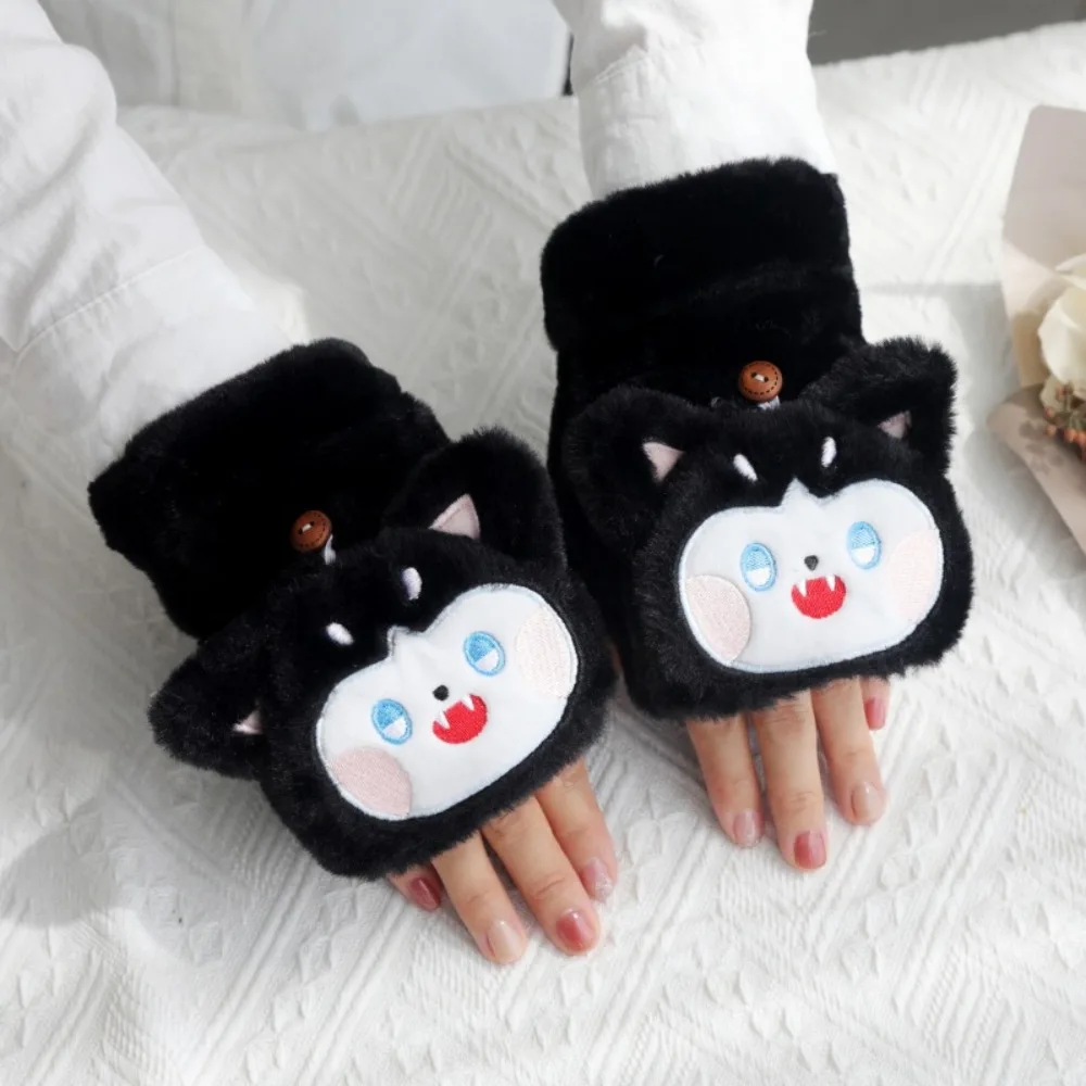 

Cute Cartoon Animals Cartoon Winter Gloves Flip Cover Thicken Plush Pig Gloves Korean Style Soft Half Finger Gloves Winter'