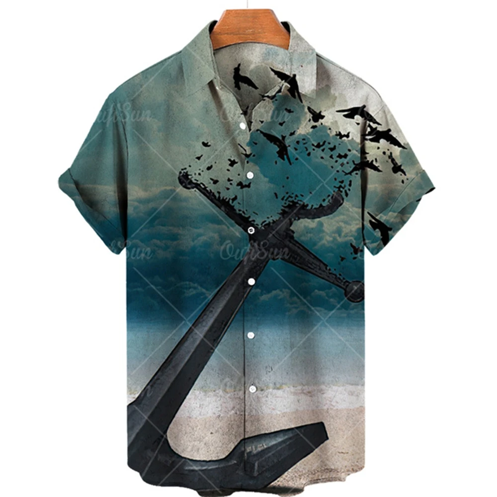 

2024 Vintage Men's Shirt With Boat Anchor Print Short Sleeved Shirt Beach Casual Men's Clothing Loose Hawaiian Men's Shirt