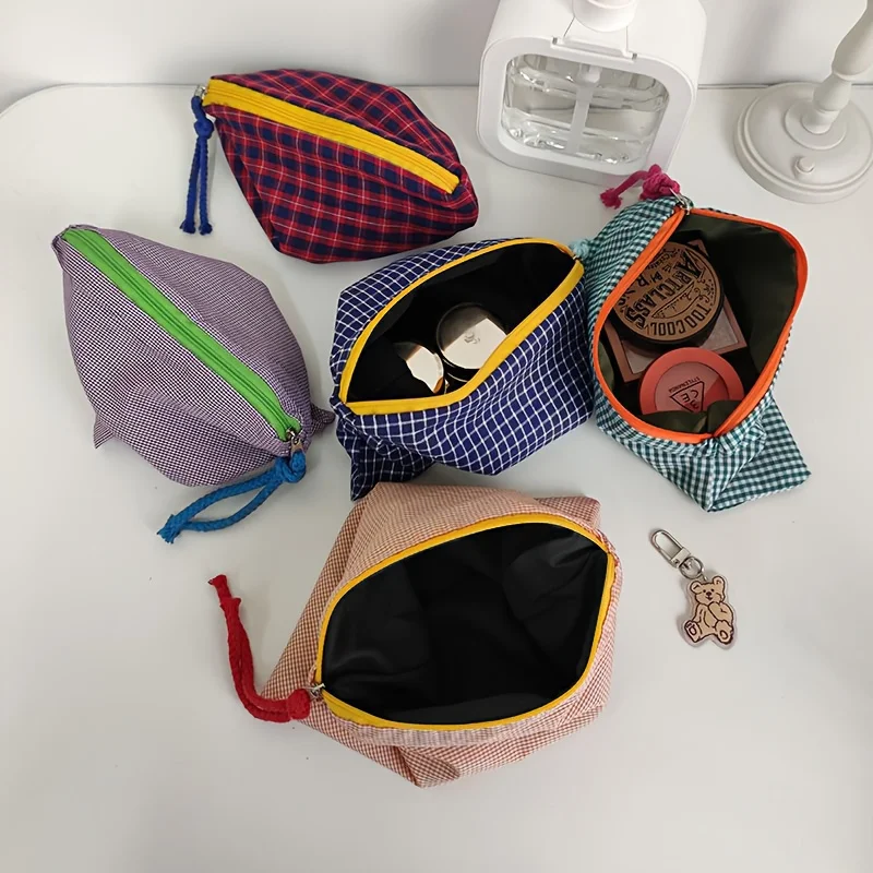 체크 무늬 메이크업 가방 1개, 대용량 휴대용 빈티지 문구 파우치, 다기능 화장품 가방