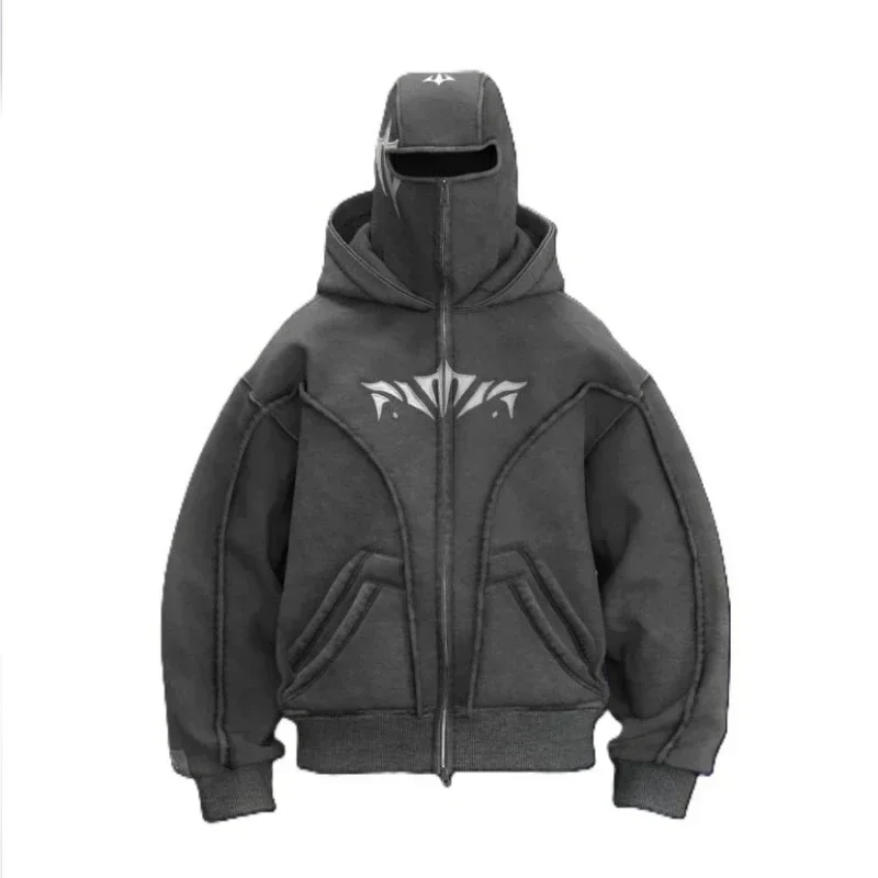 Y2K New Zip Up Hoodie High Quality Double Hat Oversized Vintage Pattern Harajuku Sweatshirt Men Women Fashion Hip Hop Streetwear