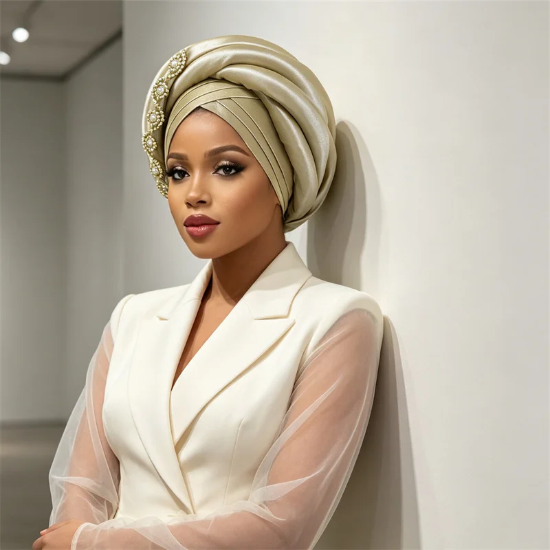 Fashion Nigerian Wedding Geles African Headtie Auto Gele Turbans for Women Aso Oke Fabric Muslim Headpiece Female Head Wraps New