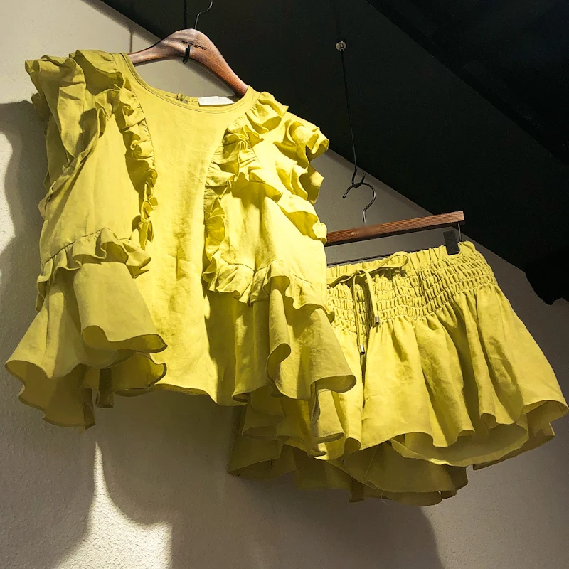 

Ruffles Solid Women Short Sets Summer New Design 2024 O-Neck Sleeved Loose Elegant Wide Leg Female Clothing Suits Top Quality