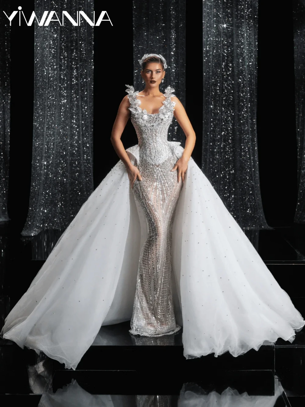 

Detachable Train Beaded Straight Long Wedding Dress Luxury Illusion Sleeveless Bridal Gown Customized New Dresses For Bride