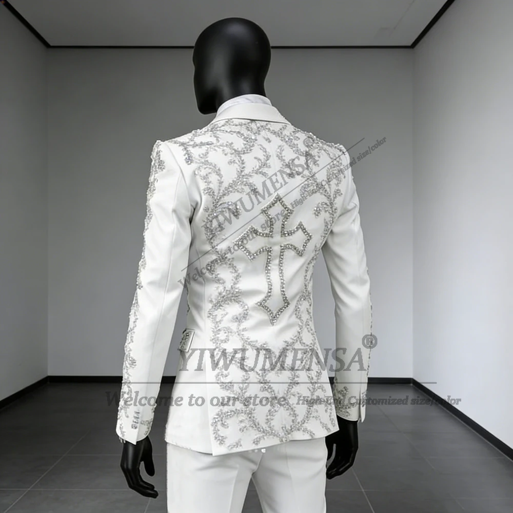Exclusive Beaded Crystals Suit Men Slim Fit Prom Blazer Customized 2 Pieces Sets Costume Homme Groom Wedding Tuxedos Outfits