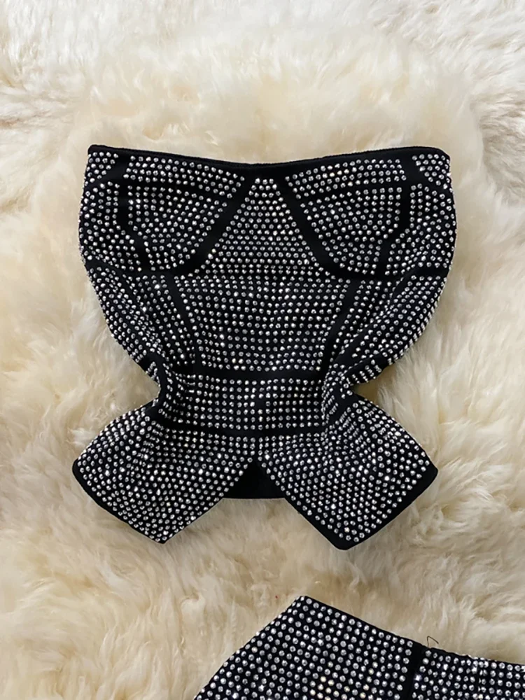 Sexy Women Black/White Diamonds Two Piece Set Party Slash Neck Off Shoulder Camis Tops + High Waist Pants Female Suit Autumn New