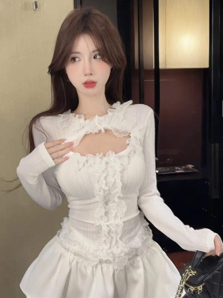 

Elegant Lace Hollow out Texture Sensation Heavy Work Top And Skirt Set Women's Elastic Waist Skirt Korean Style Commute