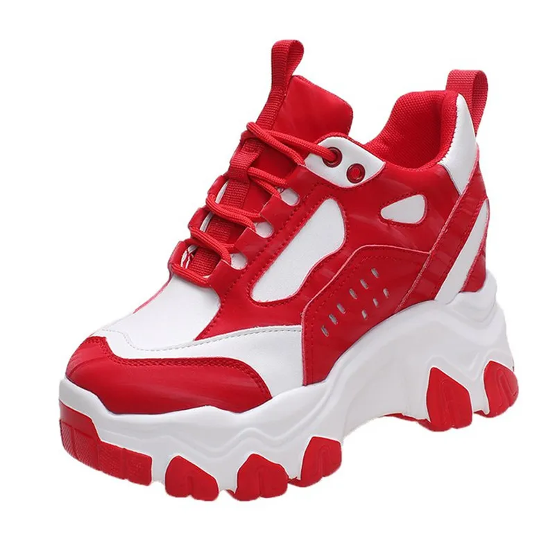 Mode Hohe Plattform Turnschuhe Für Frauen Chunky Leder Schuhe Walking Trainer 9,5 CM Casual Schuhe Frau Lace-up Vulkanisierte schuhe