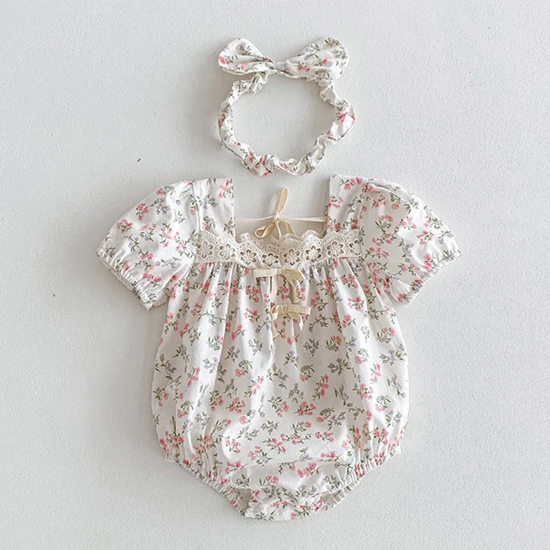 

2024 New Summer 0-24M Baby Girl Clothing Korean Style Climbing Suit Short Sleeved Cotton Print Newborn Baby Girl Romper