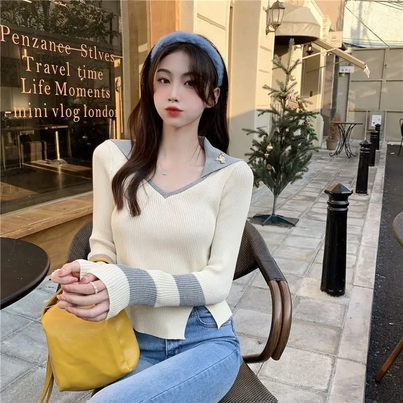Women Clothing Spring Autumn Fashion Casual Color Blocking V-neck Ladies Knitting Screw Thread Appear Thin Long Sleeve Cardigan