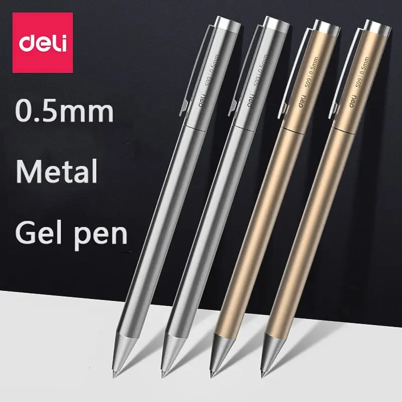 7pcs Metal Gel Pen Set 0.5mm Deli Roller type Black Ink Ballpoint Pen Replaceable Refill School Stationery Office Supplies