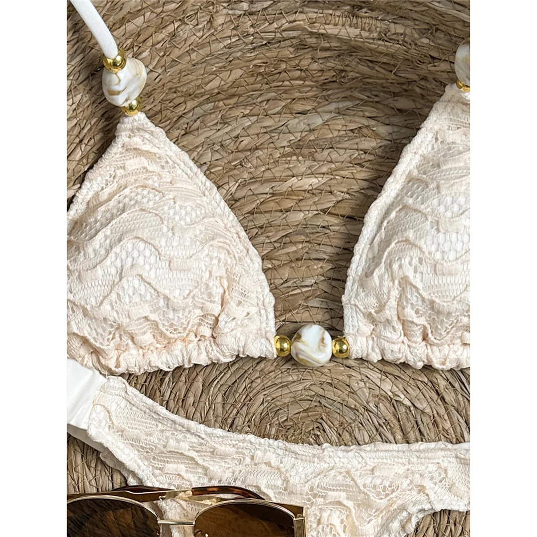 2026 Geknitterter Neckholder-Bikini Damen-Badeanzug zweiteiliger Bikini-Set gepolsterter Badeanzug Badebekleidung V8135 – Detail 7