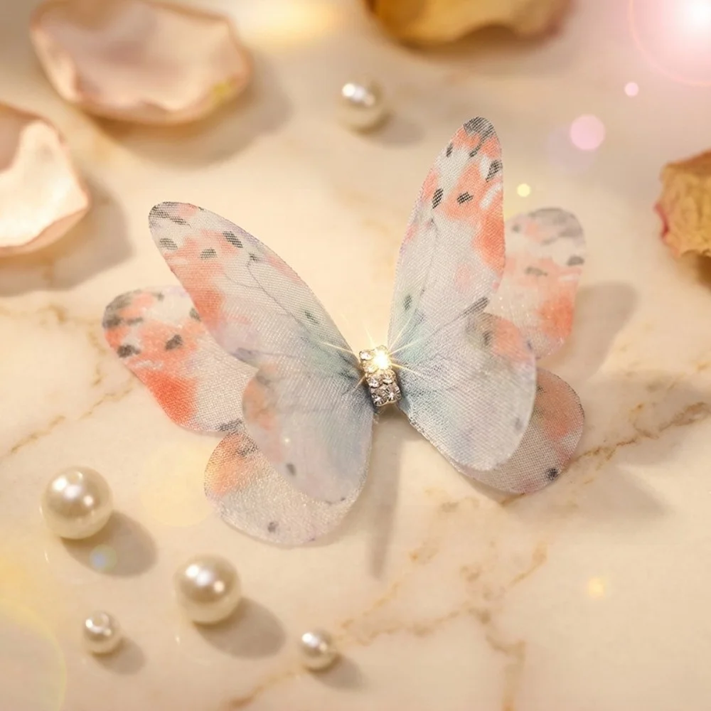 50Pcs 3D Organza Fabric Butterfly Appliques Double-layer Ink Wash Color Simulation Mesh Butterfly Patch Translucent