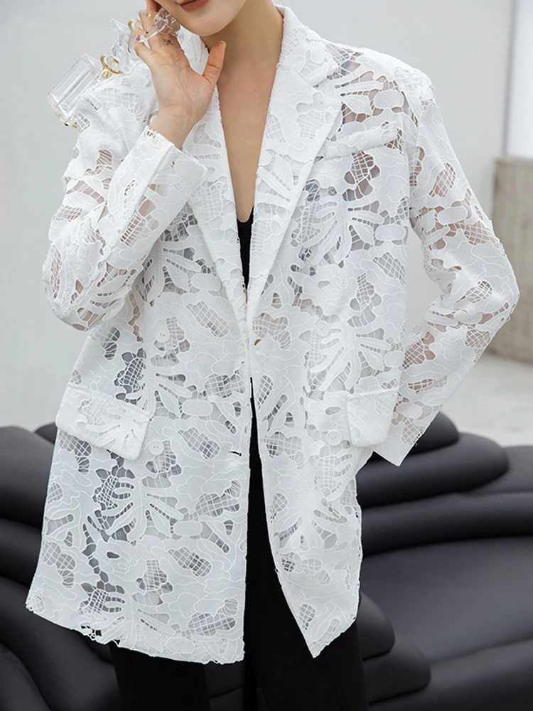 BZVW Hollow Out Designer Thin Blazer For Women Fashion New Temperament Loose Lace Floral Suit Coat Female 2024 New Trend 25X0984