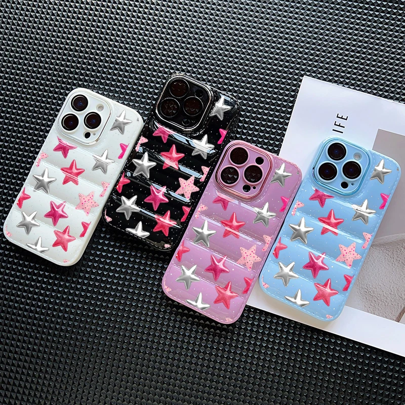 Чехол для телефона с металлической текстурой и звездным узором для IPhone 16 15 14 13 12 11 Pro Max X XR XS 8 7 Plus, пуховик с защитой от падения