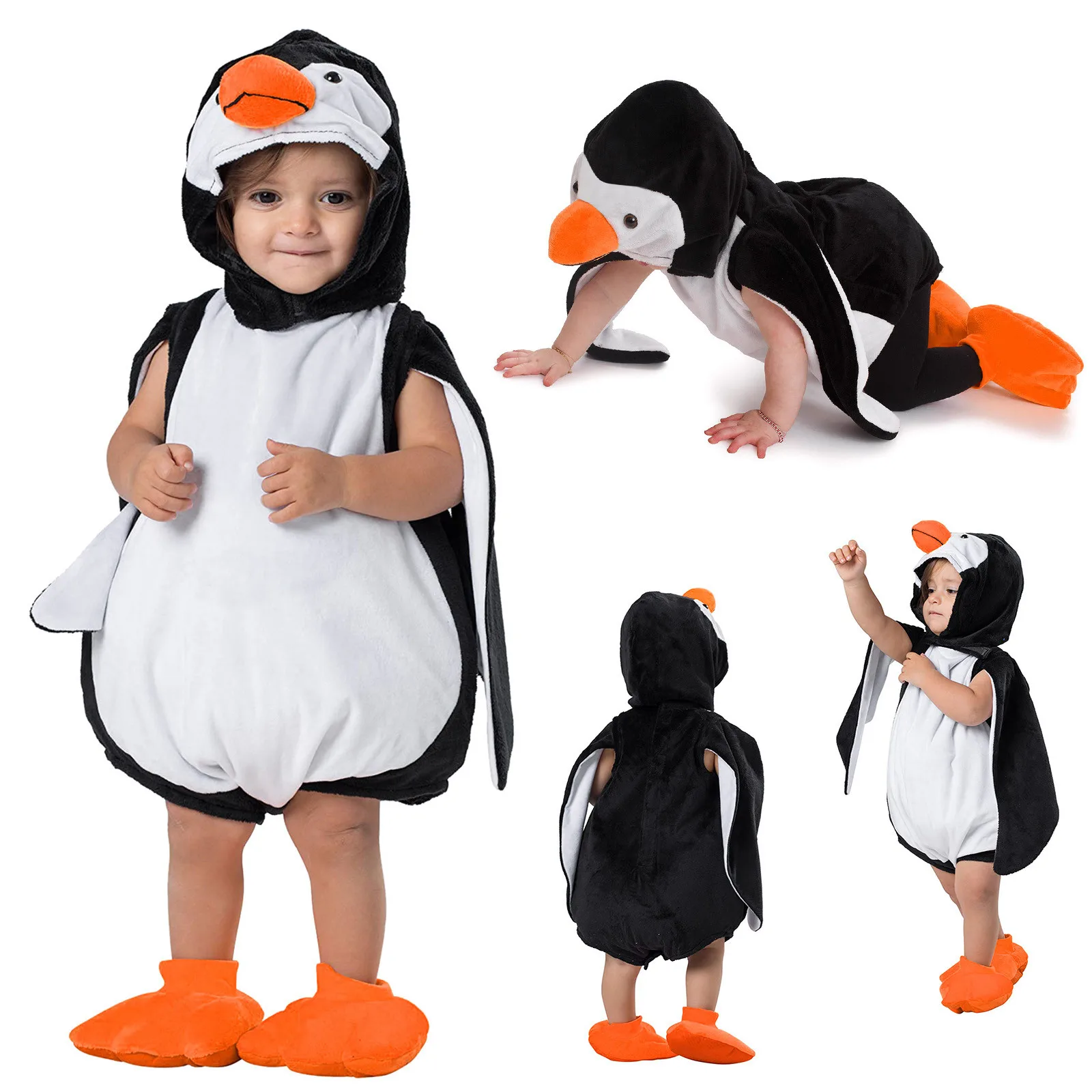 Baby Christmas Romper Hoodie Fleece Baby Costume Cartoon Penguin Jumpsuit Cosplay Girls Romper Jumpsuit Infant Christmas Clothes