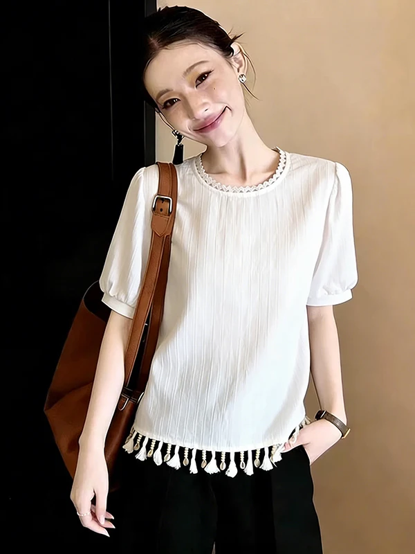 

Summer Casual Lace Collar Short Sleeve Shirt Large Size Beaded Hem Design Unique Style Women's Fashion Breathable Thin Fabric