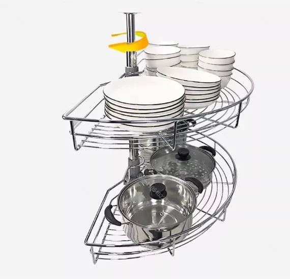 Arc Shaped Pull Out Basket Corner Cabinet Rotating 180 Degree Double Layer Storage Rack Organizer