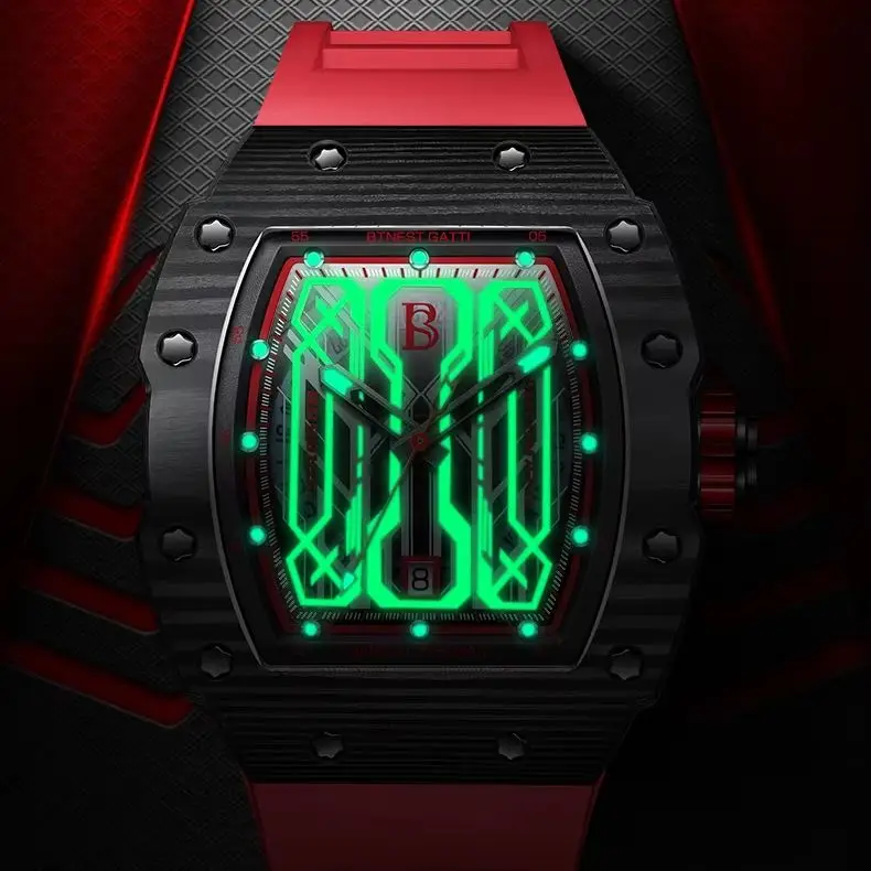 

BONEST GATTI Мужские автоматические часы 44 мм Механические наручные часы Светящийся безель из углеродного волокна Корпус титановый корпус Скелетный циферблат