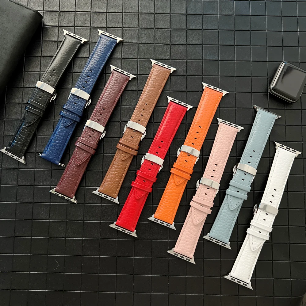 Premium Leather Strap for Apple Watch Band 49mm 45mm 41mm 44mm 40mm 42mm Butterfly Buckle Bracelet for iWatch 8 Ultra 7 6 5 4 SE