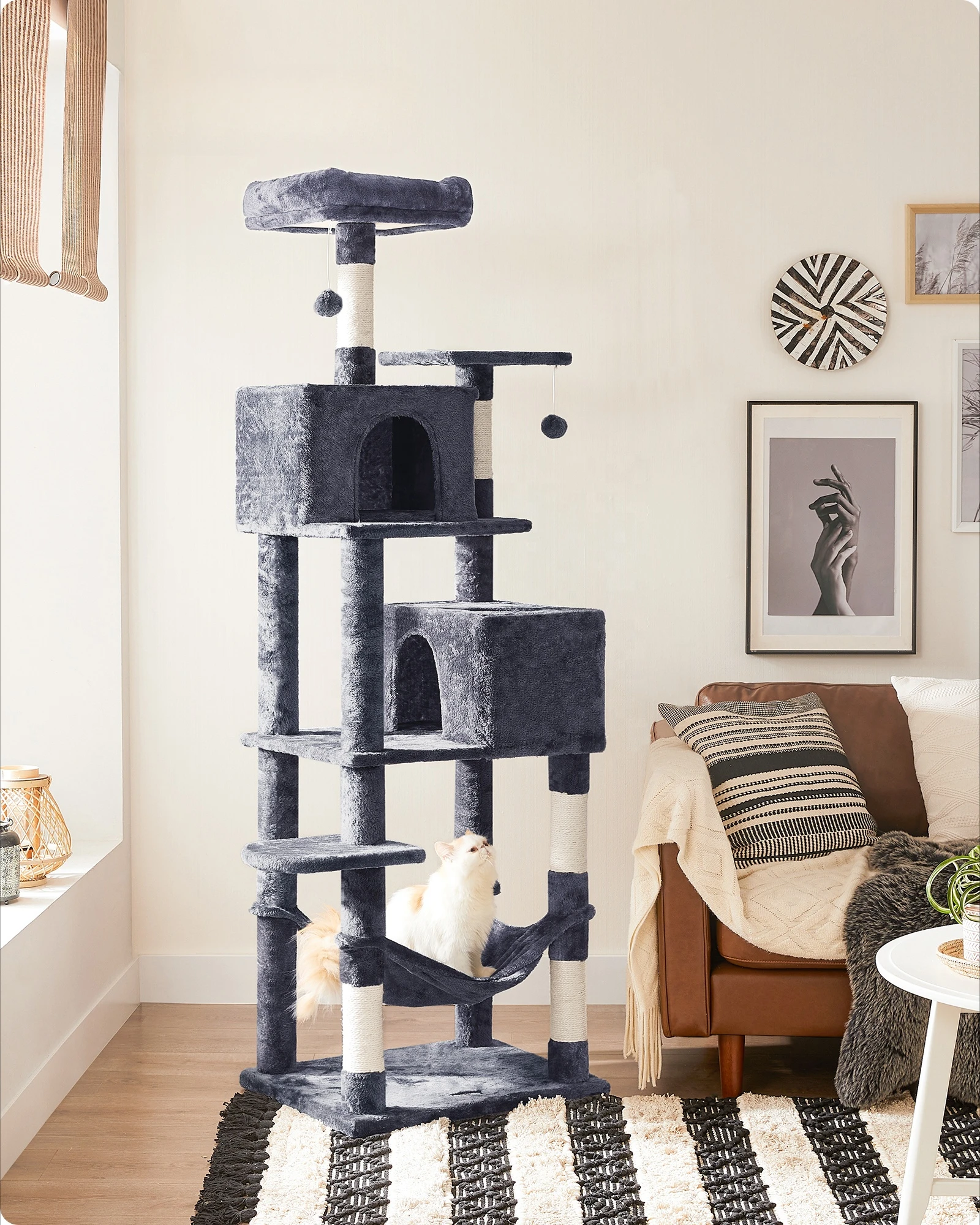 

-Smoke Grey Cat Scratching Post 191 Cm With Soft Plush Multi-level Cat Tree Tower With Hammock Bed