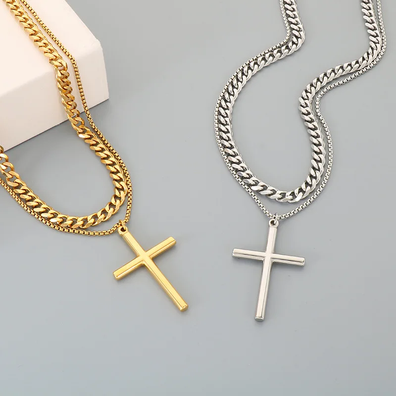 Stainless Steel Smooth Simple Cross Pendant Six-sided Polished Rolo Chain Double-layered Layered Necklace 20inch