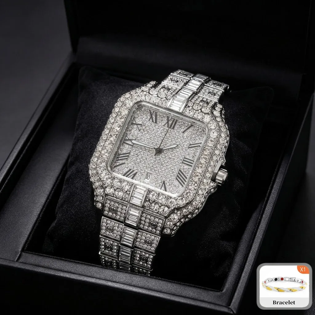 Men's quartz square watch, regular shape strap, gorgeous fashion style free bracelet