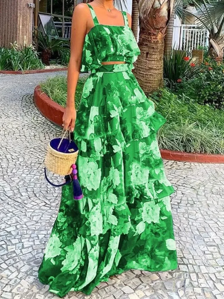 

DYKR 2025 Summer Dresses Wholesale for Women Beach Side Fake Style Printed Two-piece Suspender Top Cake Skirt Conjuntos De Falda