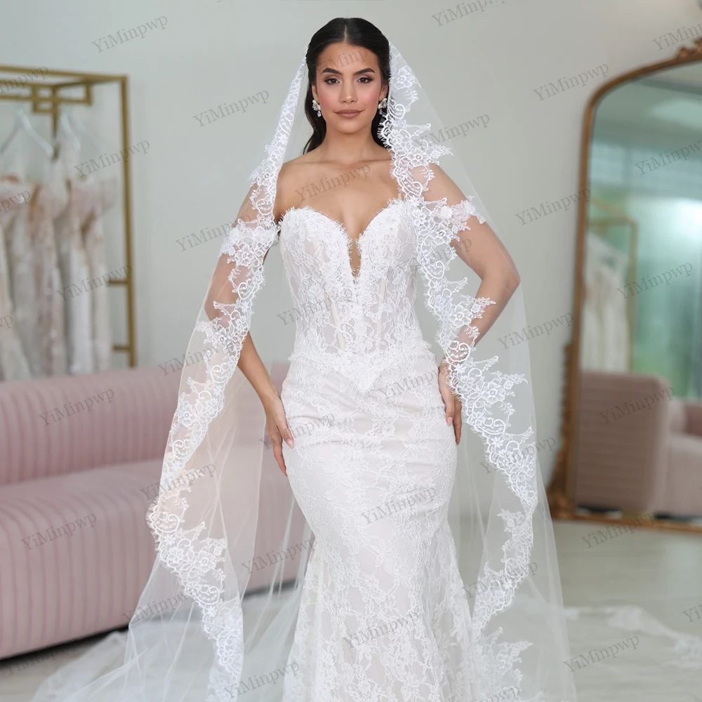 섹시한 여성 인어 웨딩드레스 맞춤형 오프숄더 V넥 레이스 아플리케 스윕 트레인 럭셔리 신부 드레스 맞춤 제작