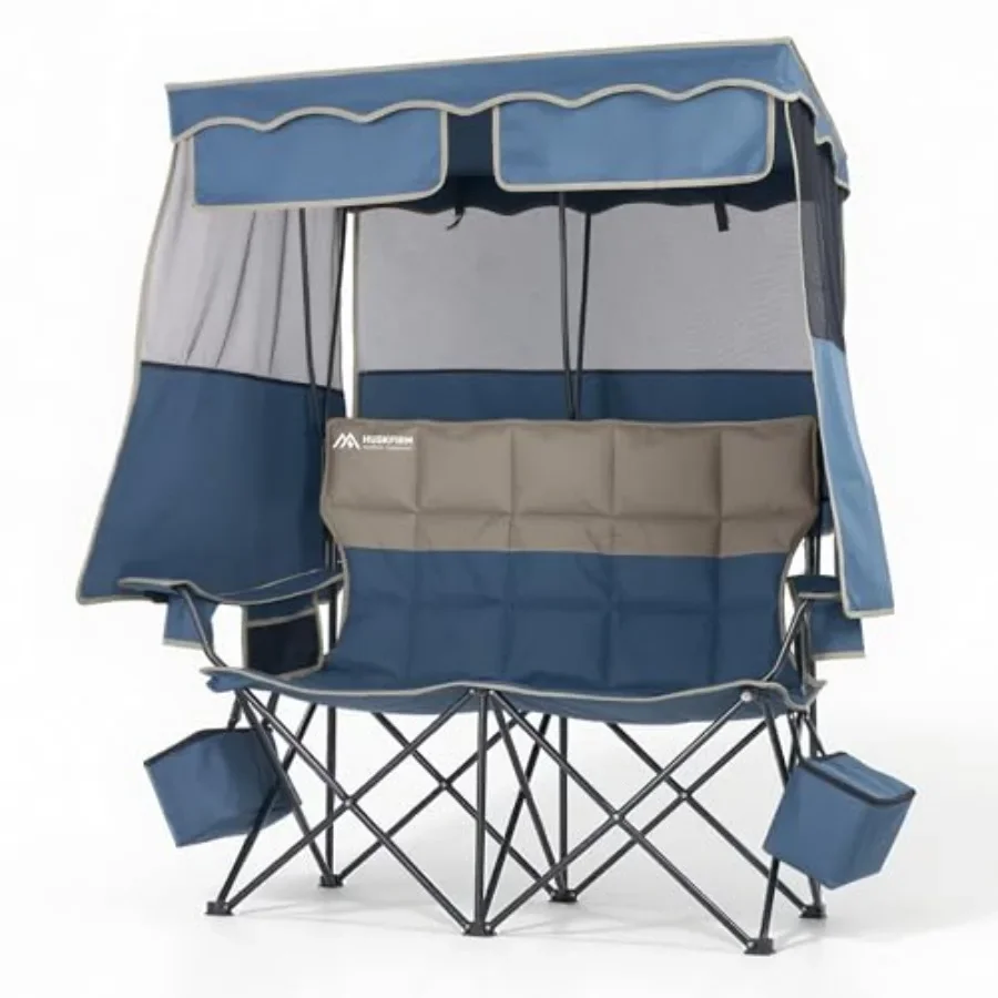 Camping Chair With Canopy, Padded Double Seat Folding Design For Outdoor Use, Steel Frame Black Color, Supports Up To 450 Lbs