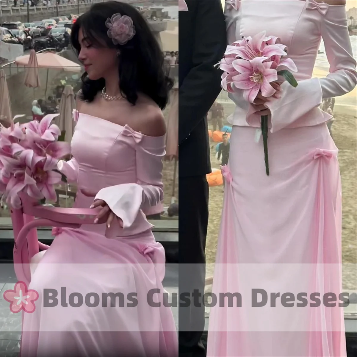 Blooms ปิดไหล่สีชมพูที่กําหนดเองโบว์ชุดราตรีแขนยาวความยาวงานแต่งงานอย่างเป็นทางการโอกาสพรหมชุด