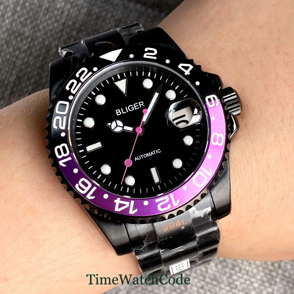 

NH35A Movement Black Plated 40mm Mens Automatic Watch Sapphire Crystal 316L Bracelet Purple Seconds Date Cyclops Luminous