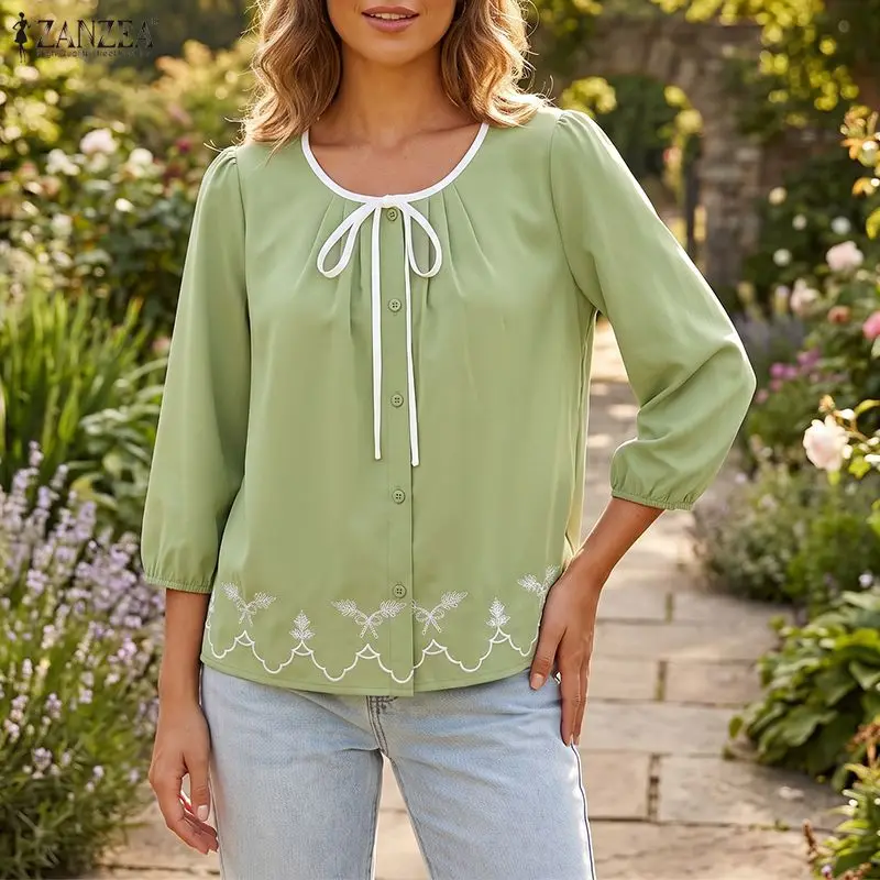 ZANZEA Casual Lace-up Women Blouses Buttons Blusas 3/4 Sleeve Tops Autumn Summer Tunic OL Embroidery Blouse Streetwear Oversize