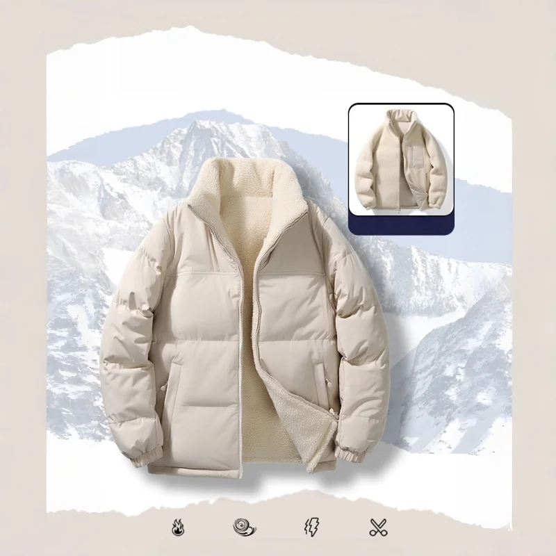 Korean Style Unisex Reversible Winter Jacket Faux Shearling Padded Coat Warm Couples Outerwear Sherpa Fleece