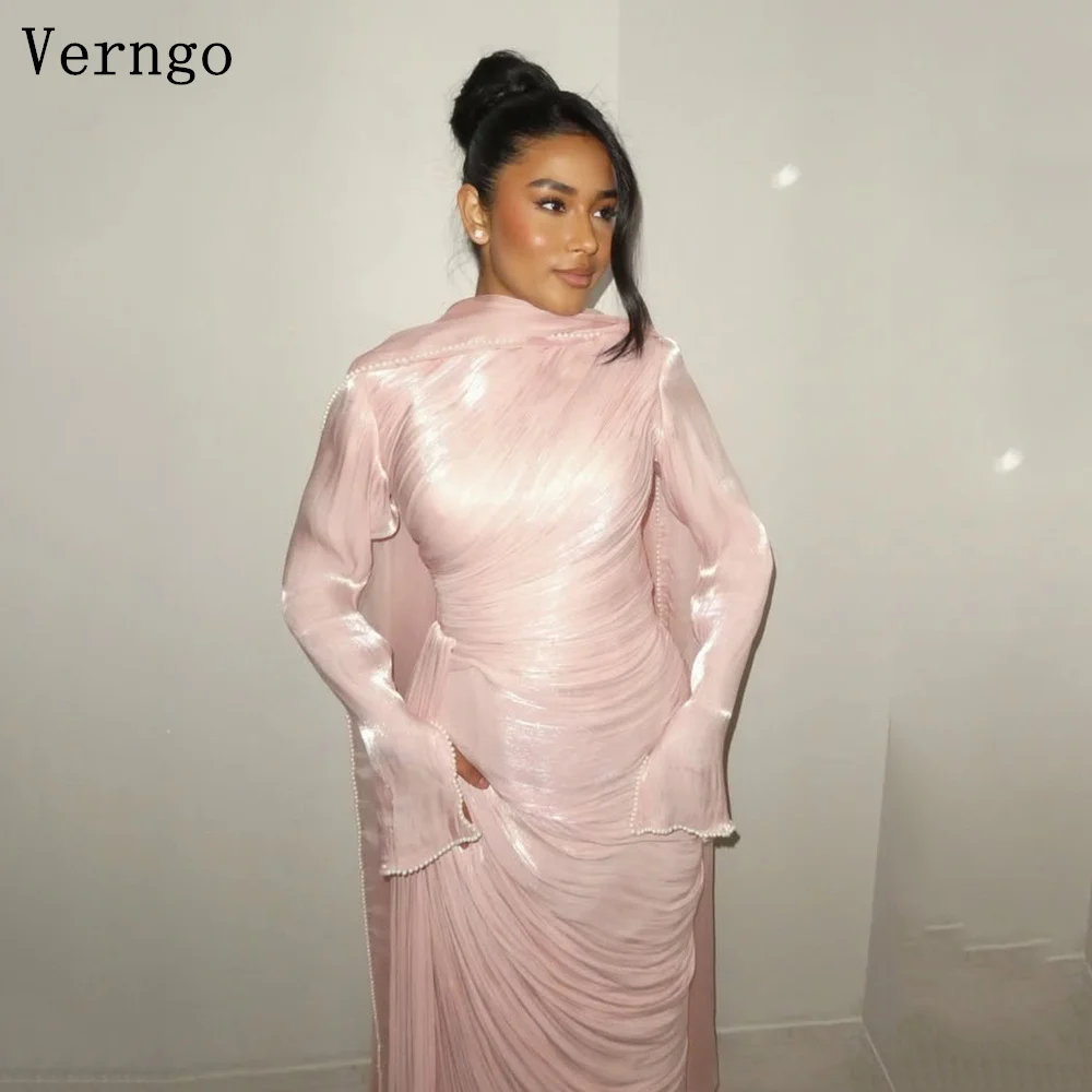 Verngo Pink Shiny Pearls Evening Dress O Neck Full Sleeves Formal Occasion Elegant Pleat Arabic Prom Gowns Customized