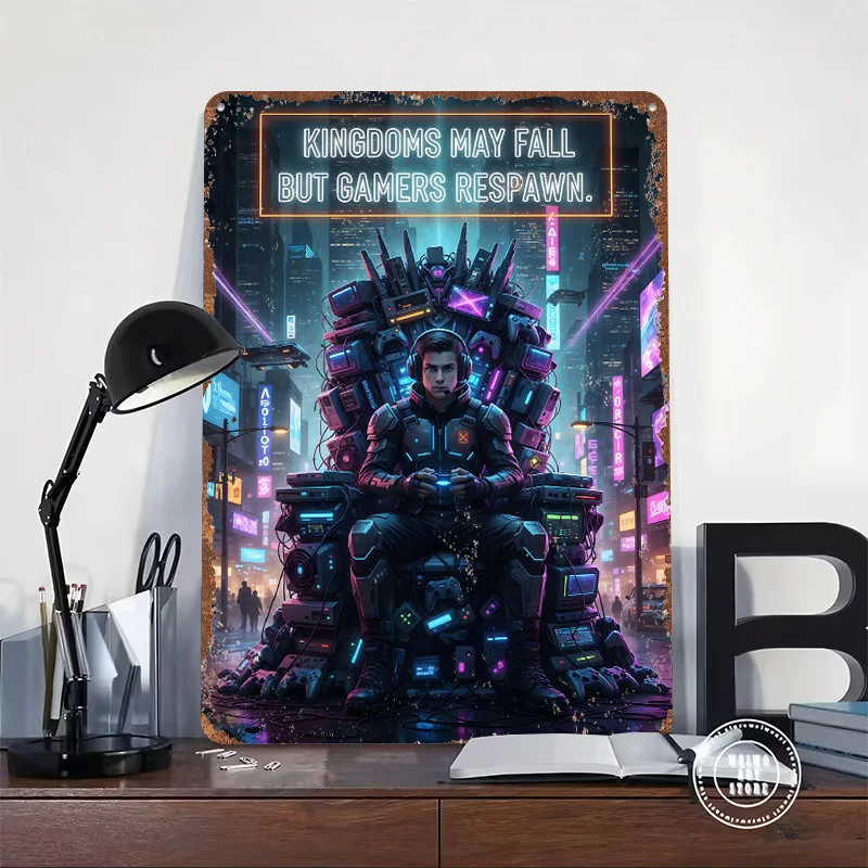 Gamer King in Cyberpunk Cityscape Tin Plaque Poster Customized Wall Art Retro Vintage Metal Signs for Man Cave Office Decoration